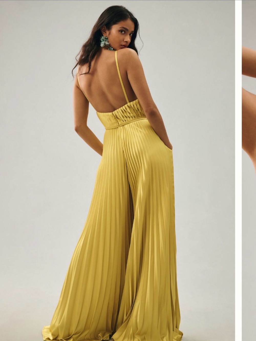 Pleated V-Neck Wide-Leg Jumpsuit in Chartreuse - Picture 2 of 12